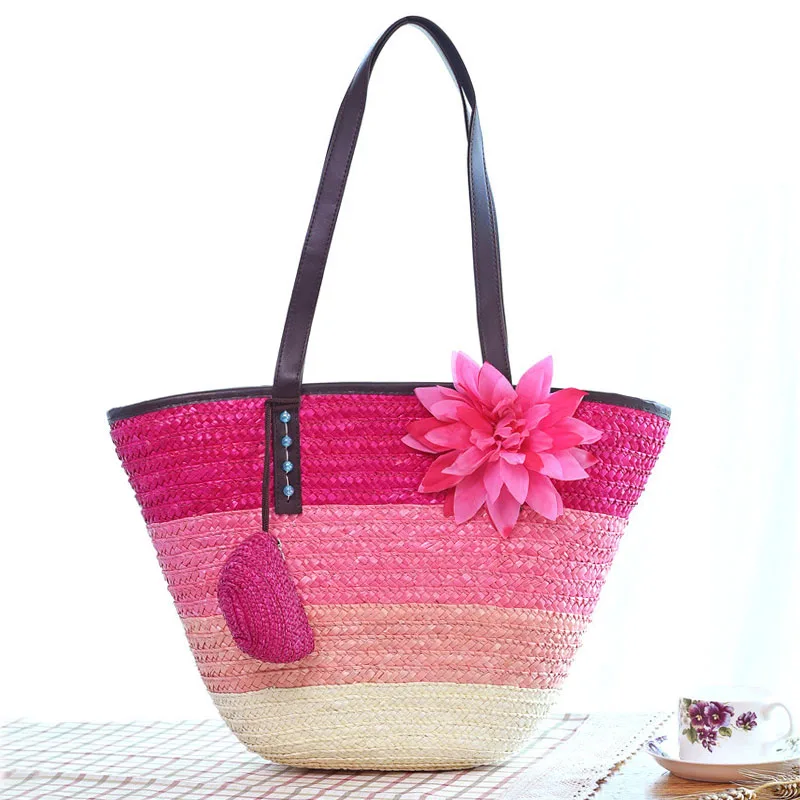 Summer Knitted Straw Bag Wheat Pole Weaving Women\'s Handbags Flower Bohemia Shoulder Bags Female Beach Bag Large Capacity Tote