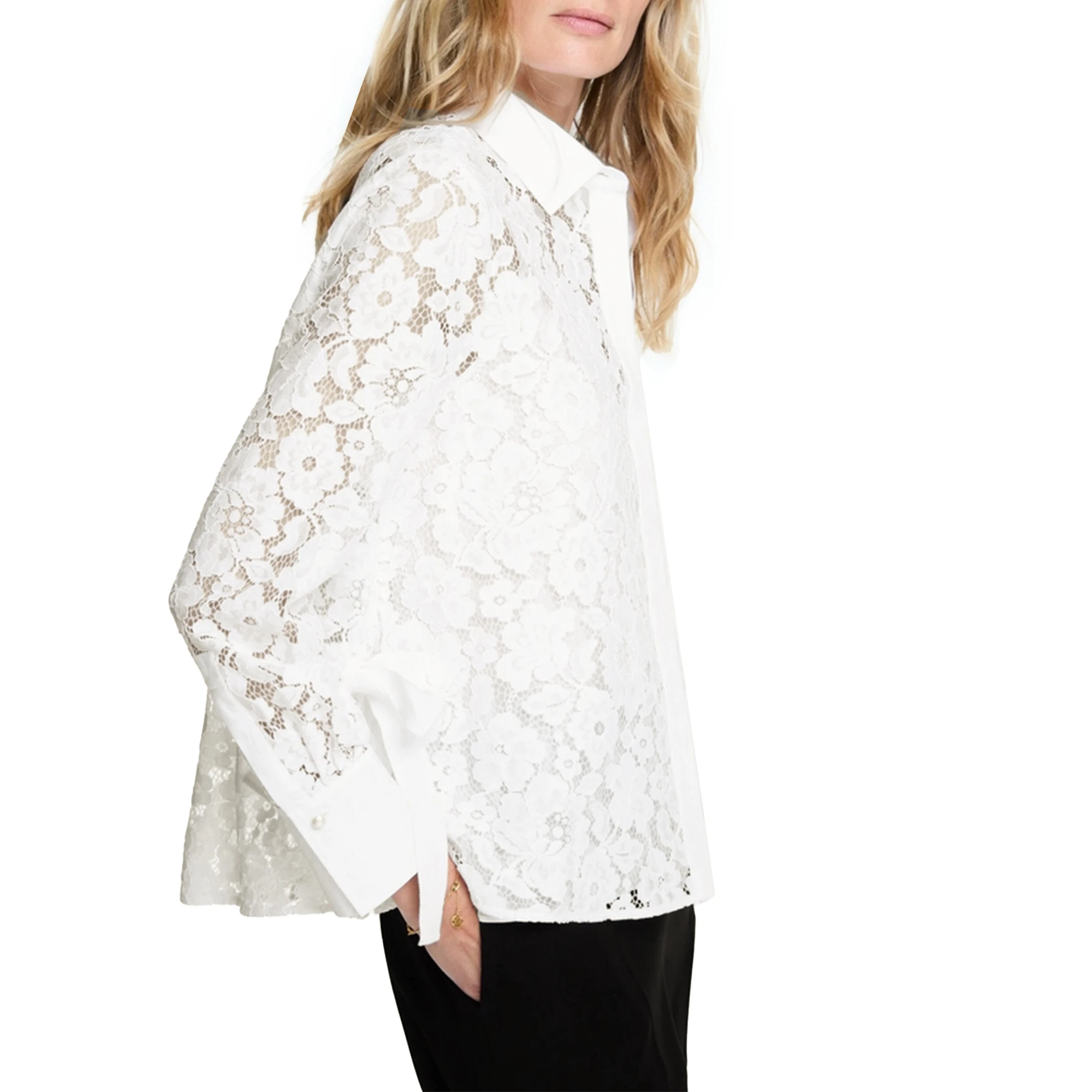 Nieuwe Dames Shirts Wit Elegant Casual Tops Single Breasted Holle Kant Decoratie Lange Mouw Mode Kantoor Dames Shirt