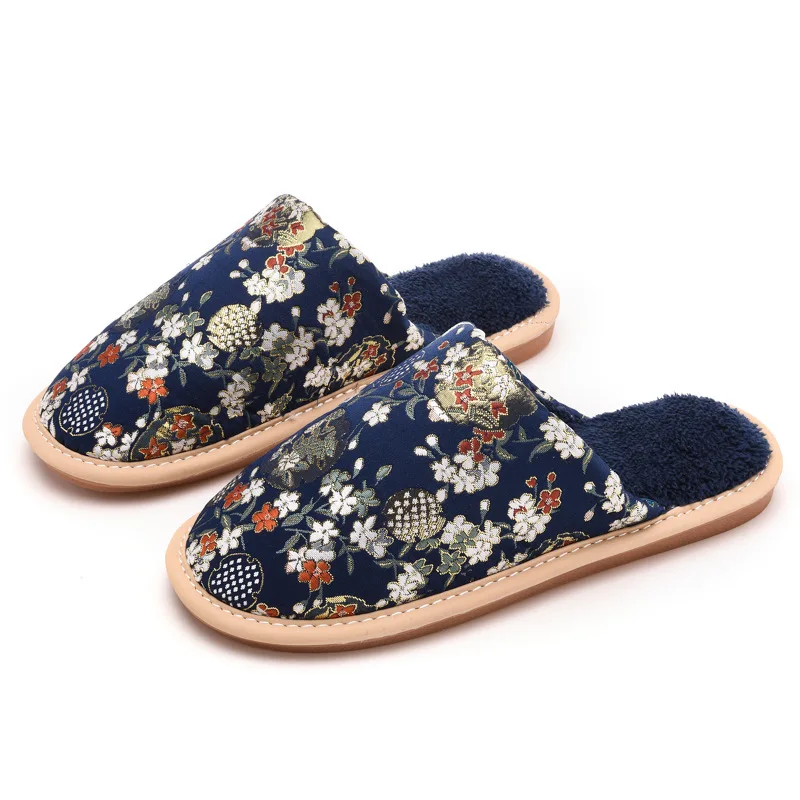 Embroidery Flowers Chinese Style Women Man Slippers Winter Short Plush Female Slippers Soft Bottom Anti Slip Woman Indoor Shoes