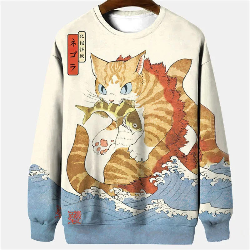 Japanese cat pattern men's hoodie retro animal 3D print sweatshirt casual long sleeve round neck hoodie pullover loose streetwea