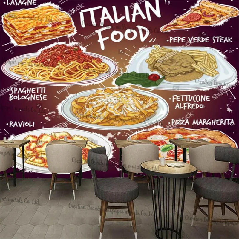 Pintados à mão comida italiana restaurante decoração industrial personalizado mural papel de parede pizza margherita e ravioli comida rápida