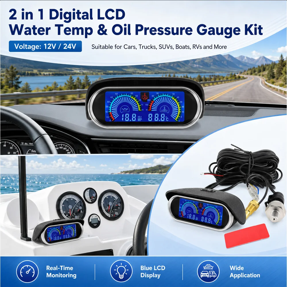 52 mm 12V / 24V Car 2-in-1 Digital Oil Pressure Gauge Water Temperature Gauges  With 1/8 NPT Temp Sensor For RV, SUV, Boat Truck