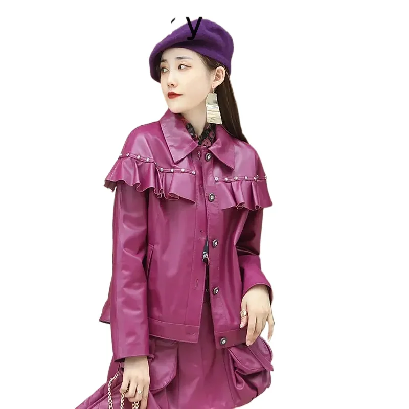 Genuine Leather Jacket Women 2024 Real Sheepskin Coat Ruffles Korean Fashion Leather Jackets Woman Square Collar Leather Coats