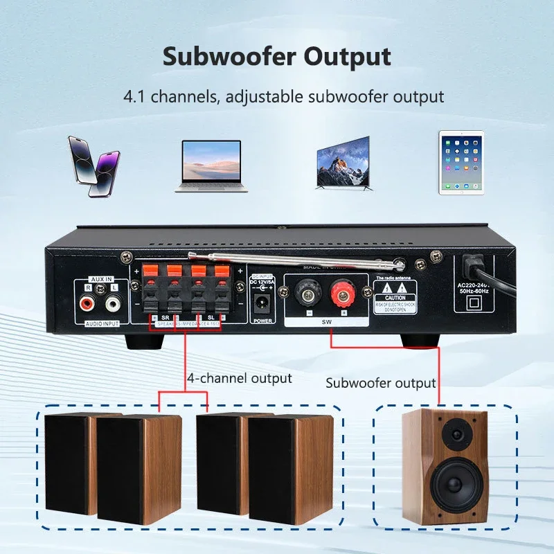 고출력 전문 하이파이 블루투스 앰프 4.1 채널 서라운드 사운드 FM USB 리모컨 800W 홈카 앰프 스테레오 썸네일 5