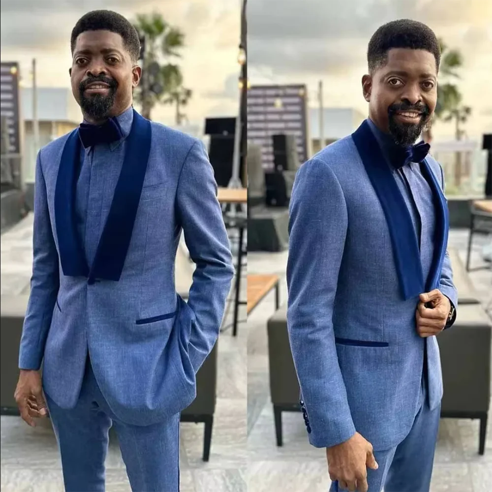 

Smart Design Men Suits Blue Shawl Lapel Single Breasted Formal 2 Piece Jacket Pants Slim Fit Prom Party Outfits Custom Made