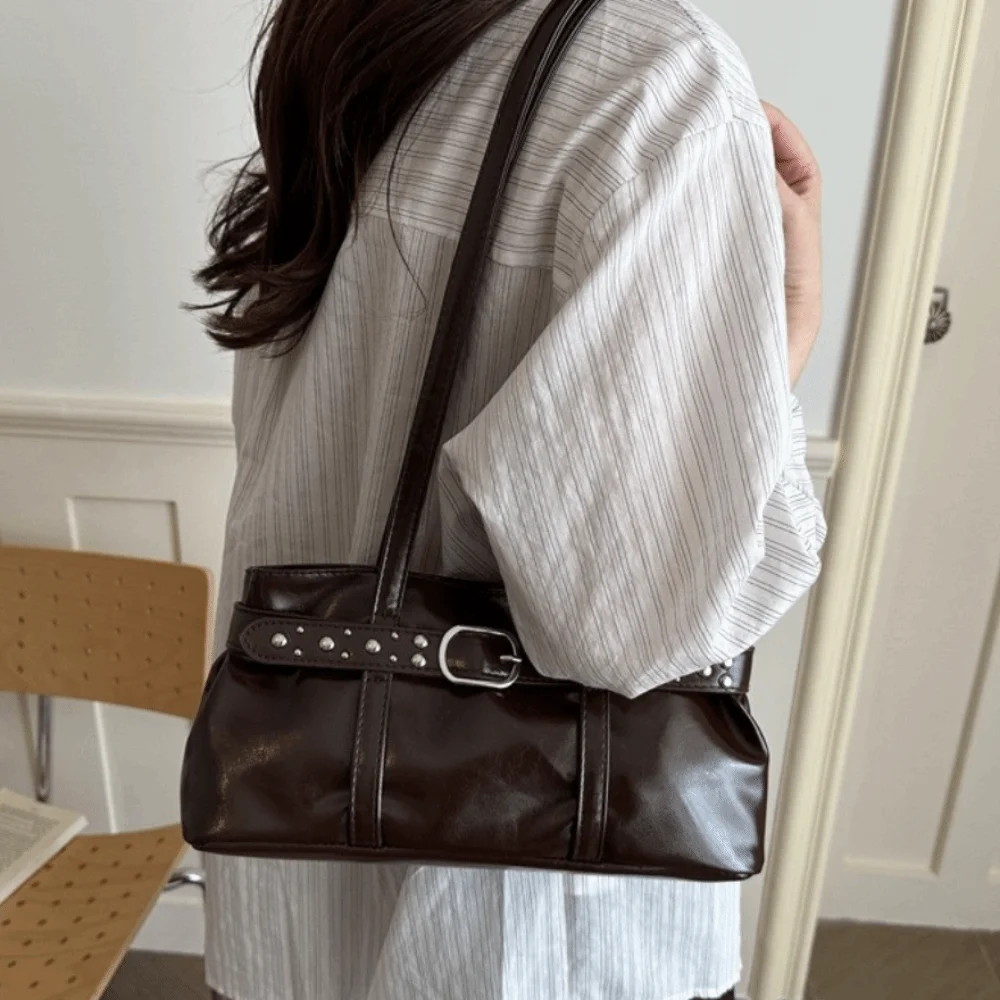 Simple Shiny PU LeatherShoulder Bag Rivet Belt Buckle Multi Color Underarm Bag Solid Color Large Capacity Tote Bag Commute