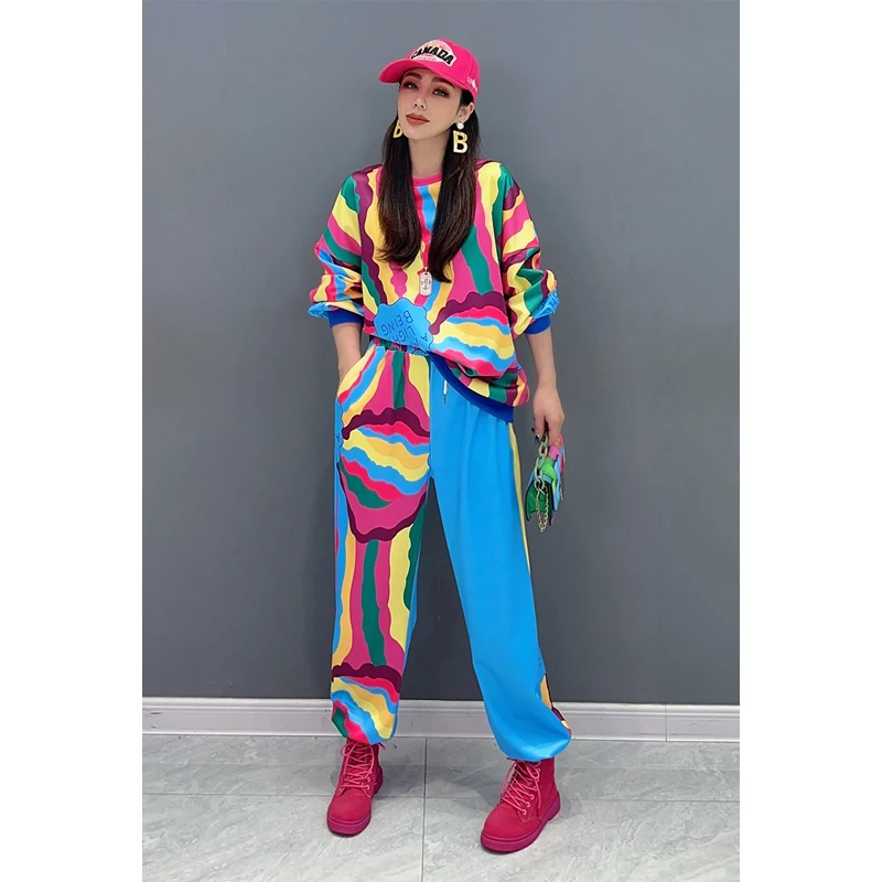 2024 Autumn New Pant Set Women Pullover Long Sleeved Sweatshirt + Casual Pants Two Piece Set Printed Loose Fashion LX1974