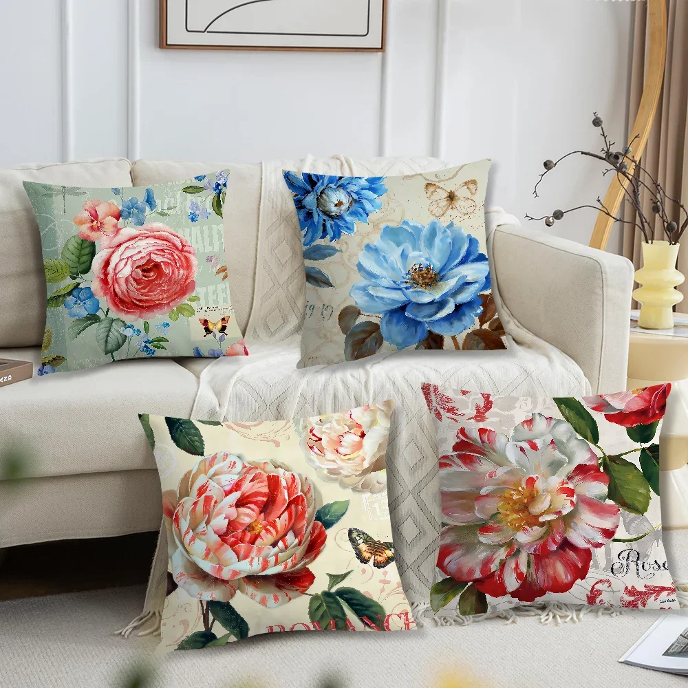 Flower Soft Pillow Case Exquisite for Sofa Living Room Retro Home Office Decor Protective Covers Style Without ART Pillow-Insert