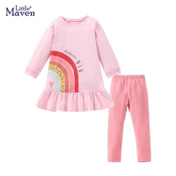 Little maven 2022 Baby Girls Clothes Sets Spring and Autumn Casual Pink Cotton Dress and Leggings Lovely for Kids 2-7 year