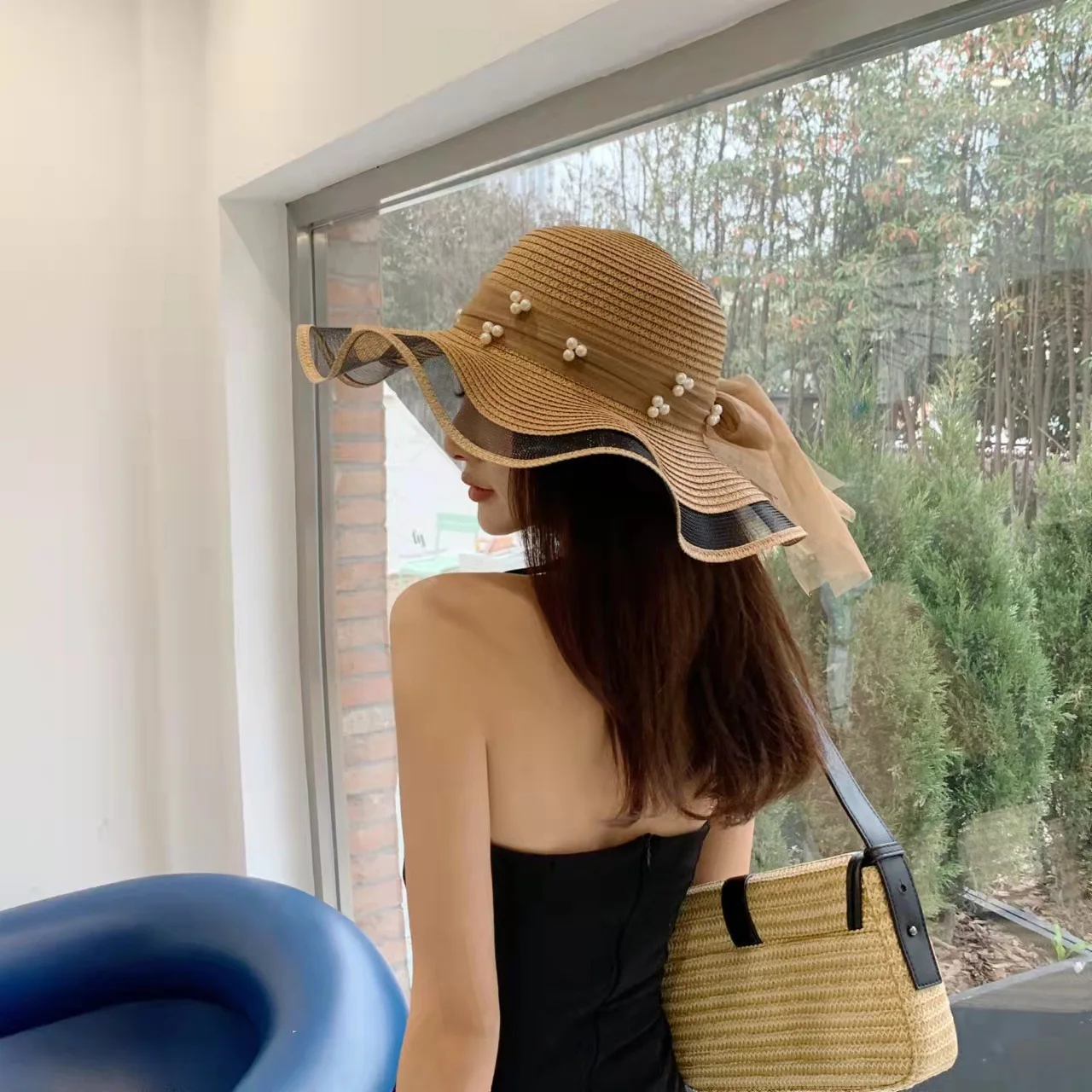 

2023 New Summer Korean Style Woman Straw Gauze Joint Bow Ribbon Large Brim Sunshade Fashion Beach Holiday Floppy Hat