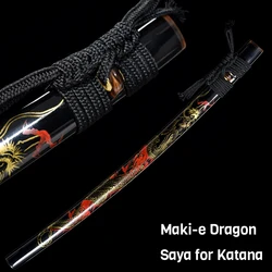 Wood Katana Saya Scabbard with Maki-e Dragon and Buffalo Horn for Real Japanese Samurai Sword Fittings, Black Color Silk Sageo
