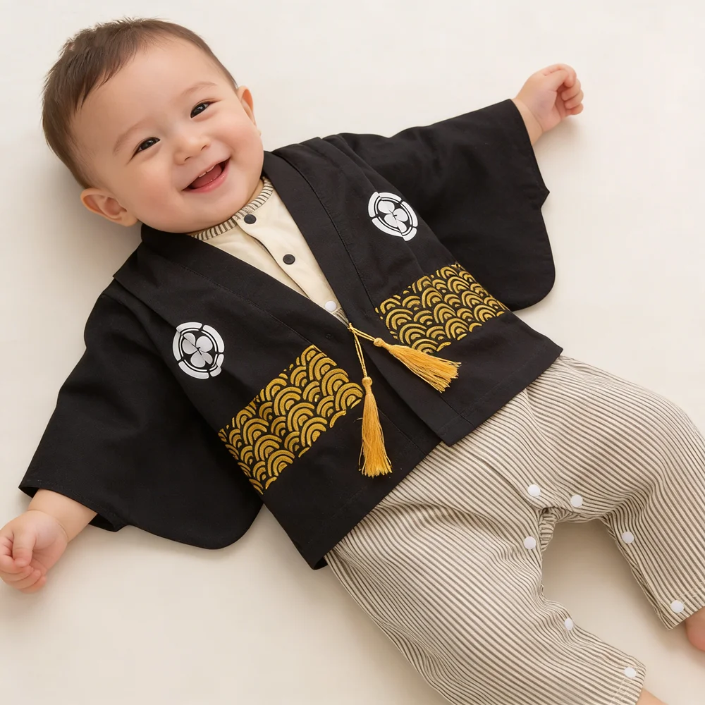 Kids 2 Pieces Japanese Kimono Style Baby Boys Cotton Striped Patchwork Wafuku Boys Traditional Clothes Set Costume
