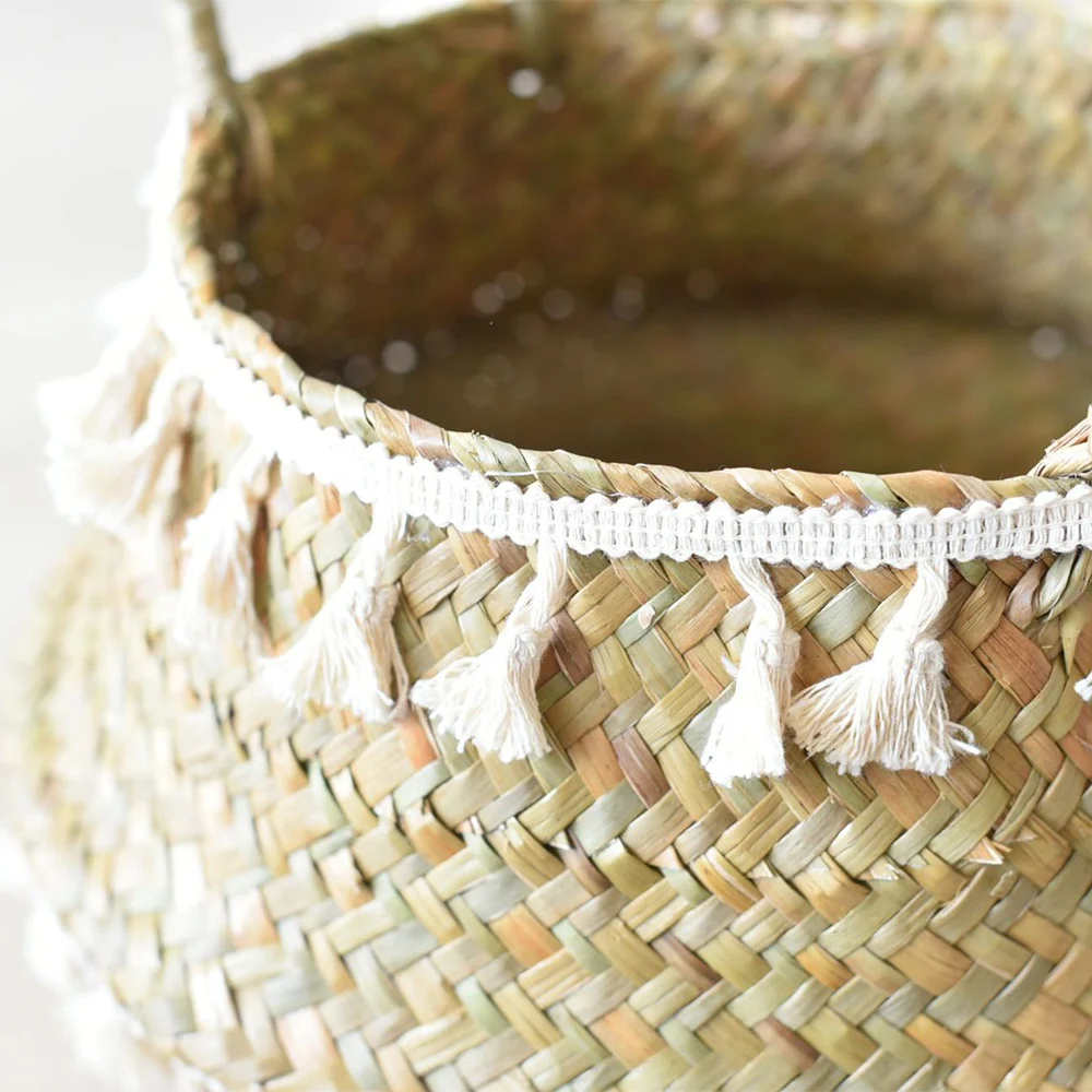 Faltbare handgemachte Gras gewebte Blumen korb Weide Aufbewahrung skorb Boho Rattan Hänge korb Haushalt Spielzeug Wäsche behälter