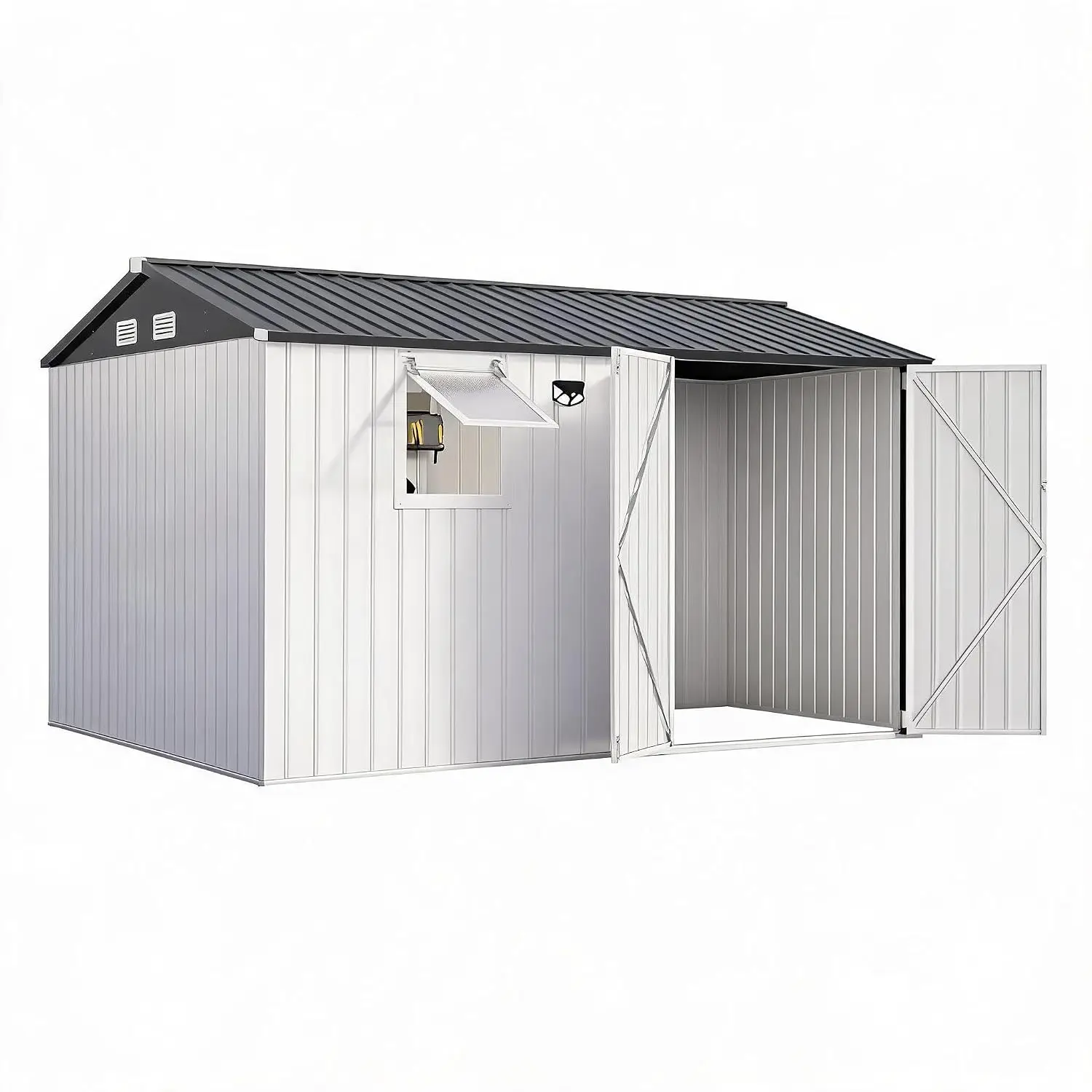 10x8FT Galvanized Steel Outdoor Storage Shed with LED Light Vent Window, Customized