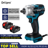 Drillpro 388VF Brushless Cordless Electric Impact Wrench 1/2 inch Power Tools 15000Amh Battery + Sleeve For Makita 18V Battery