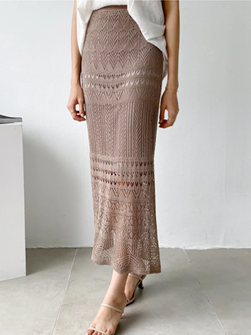 

Пляжные винтажные элегантные N308 вязаные крючком цветочные юбки с высокой талией, женские длинные прямые юбки до щиколотки с вырезами