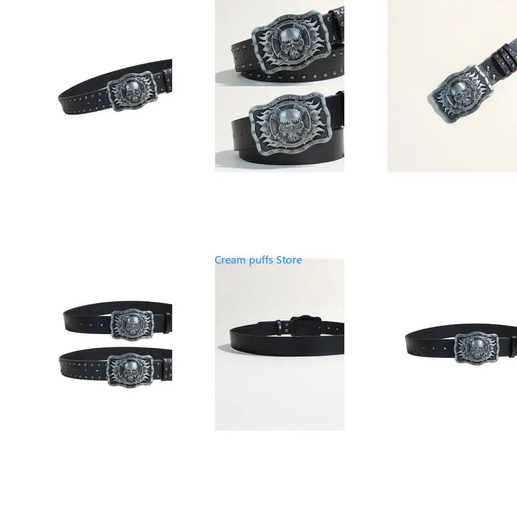 

50LE Comfortable Men's Belt Highlighting Western Styles Cowboy Skull Design Premium PU Leather and Metal Buckles for Fashion