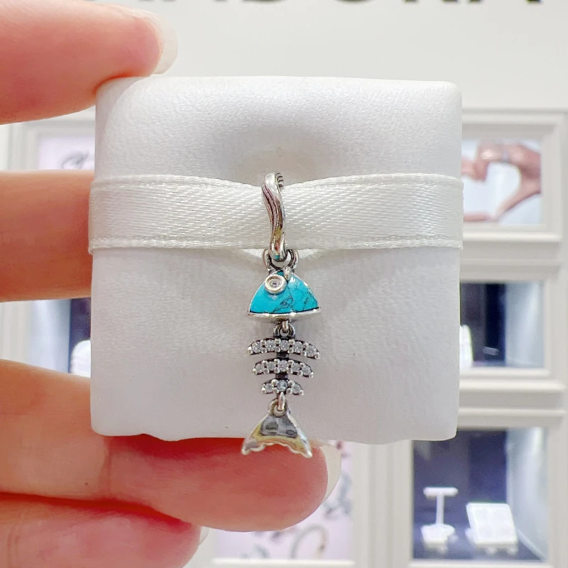 

CHARMING 925 Sterling Silver Charms Turquoise-colored Fishbone Dangle Charm Fit European Charm Bracelets Women
