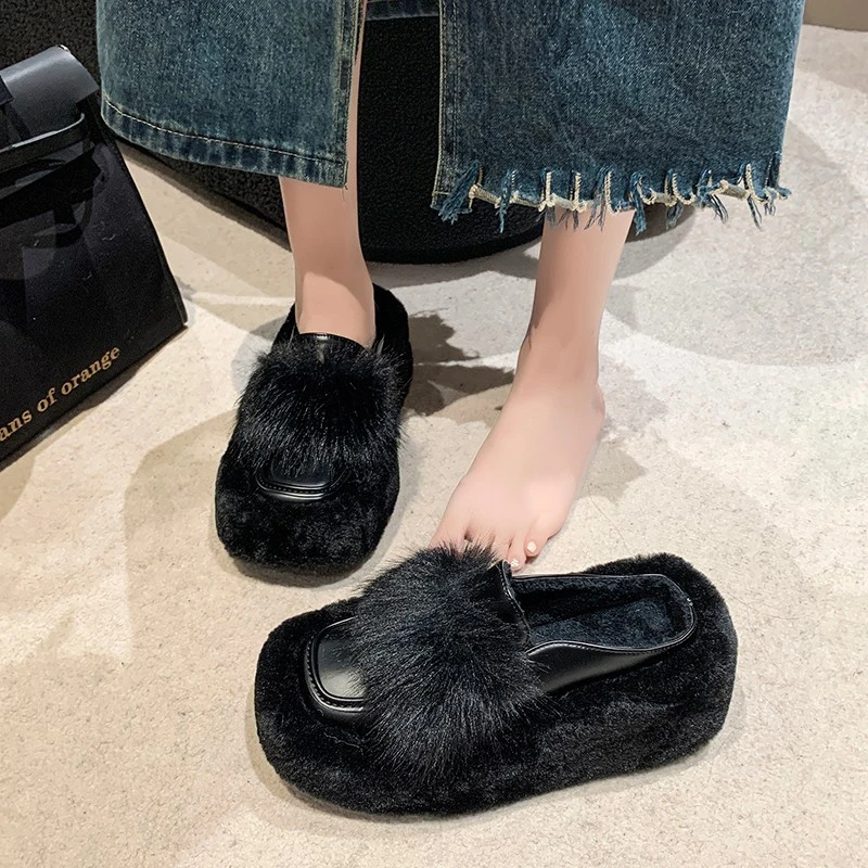 2024 Autumn/winter New Women's Thickened Fleece-lined Snow Boot Slippers Increased Heel High Top Fluffy Drags Rubber Outsole