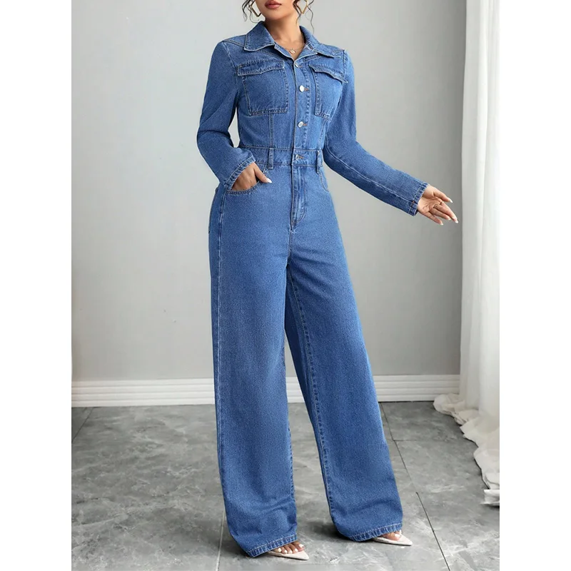 Benuynffy Vintage Half Button Long Sleeve Denim Jumpsuit Women 2026 Autumn Casual Streetwear High Wait Loose Straight Leg Pants