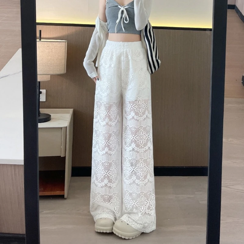 Pant Women Wide Leg Long Pants Lace High Waist Hollow Out Solid Casual Straight Trousers Y2k Streetwear Elegant Splice Work 2026