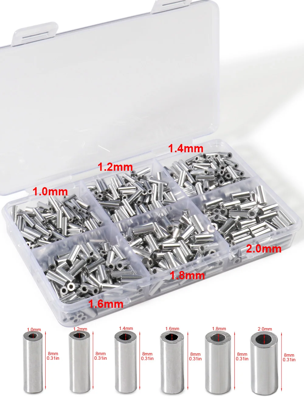 Manchons à sertir en aluminium pour la pêche, ovales, cylindriques, à boucle ronde, pour fils de pêche, équipement de montage, boîte à pêche, connecteurs de ligne, 60-210 pièces, tube