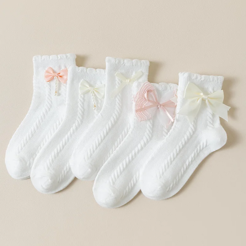 2024 New Girls Spring Summer Baby Lace Foreign Korean Version of Bow Mesh White Breathable Comfortable Children\'s Socks ZHB528