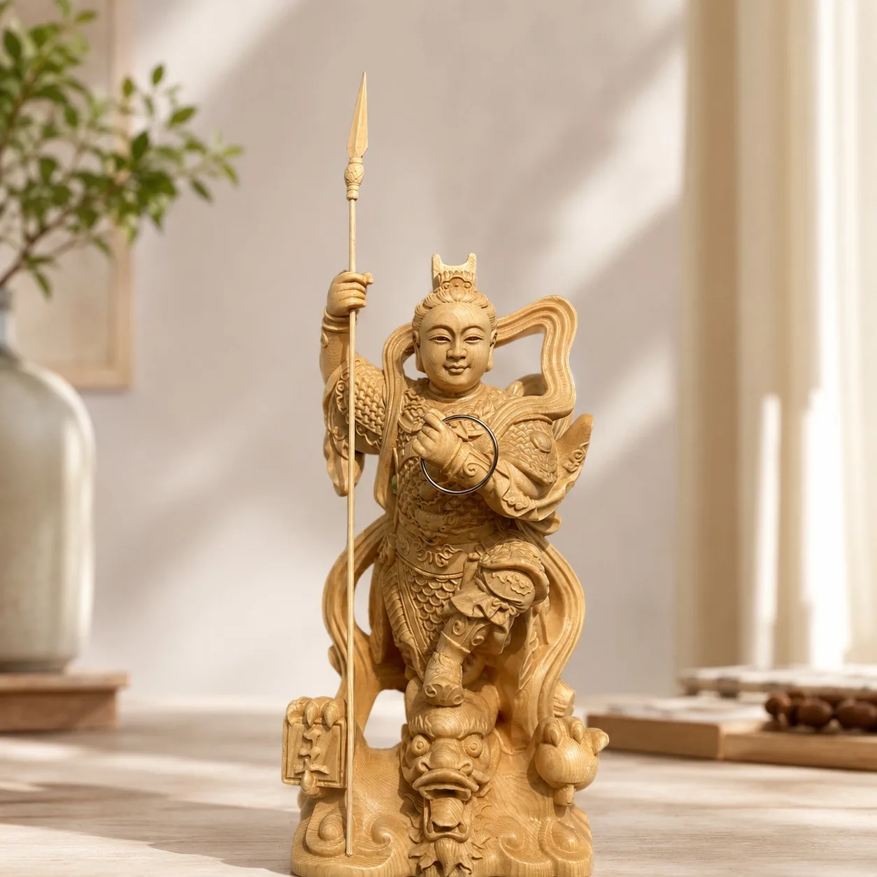 Hand-Carved Hinoki Wood Nezha Statue for Feng Shui Auspicious Dragon Home Living Room Office Desktop Ornament Art Gift