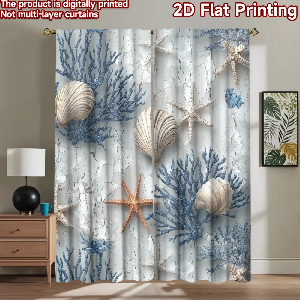 2D flat 2pcs Curtain Modern Minimalist Style Coastal Shells and Starfish Digitally printed polyester, colorfast Family Party