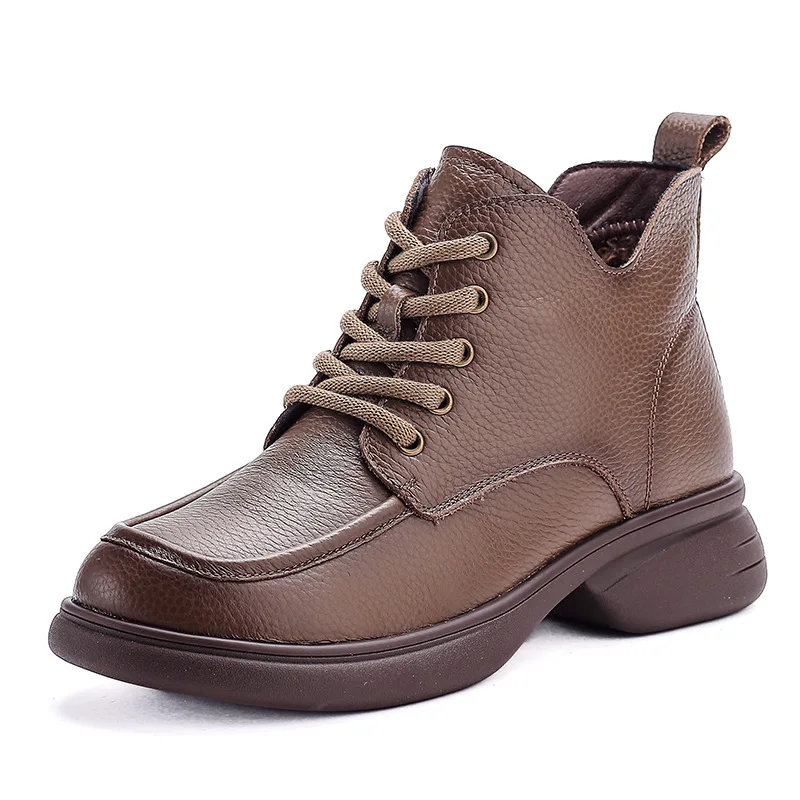 

2026 женские ботинки в стиле ретро, теплые плюшевые ботильоны из натуральной кожи на толстом каблуке с круглым носком, женские однотонные ботинки для мам