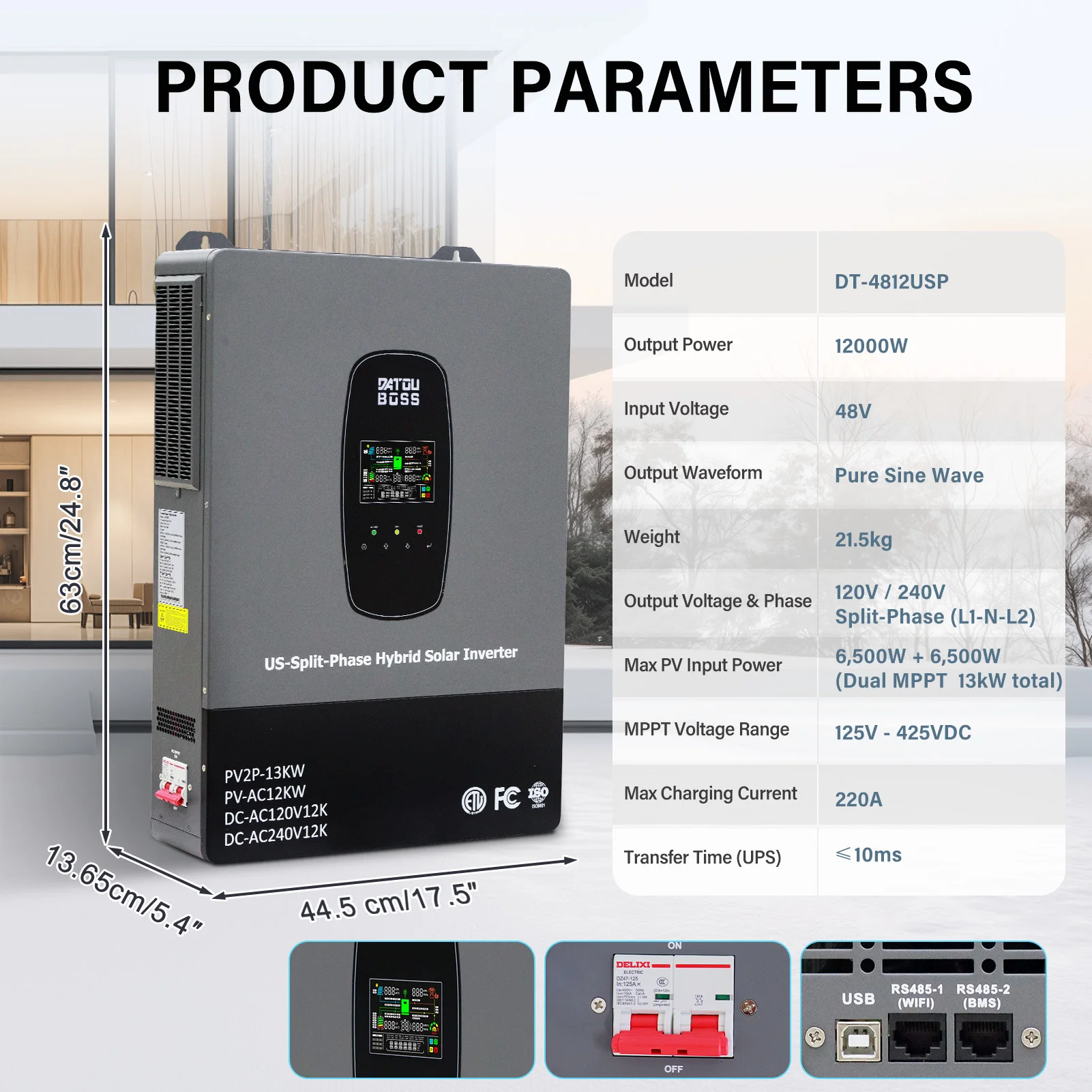 DATOUBOSS 12KW Solar Hybrid Split-Phase Inverter US Standard 240V Battery-Free Mode UPS Uninterruptible Power Supply Off-Grid view 2
