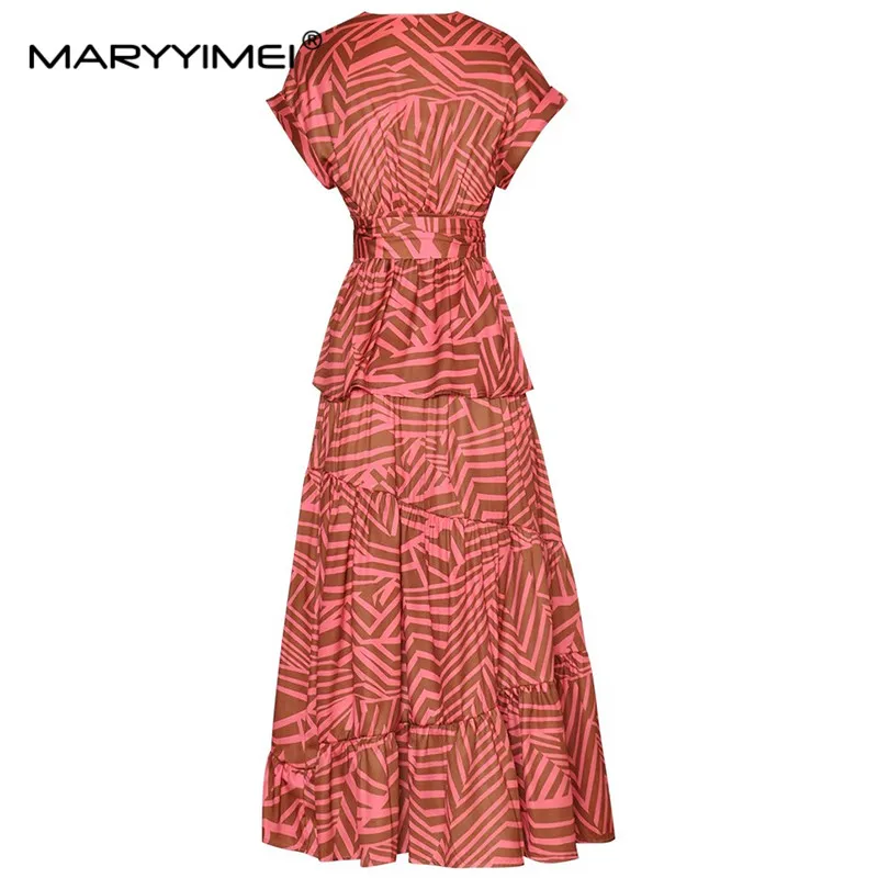 MARYYIMEI Fashion Designer dress Summer Women's Dress V-Neck Belt Long Style Shirt + Big Swing Skirt Vintage Print 2 Pieces Set