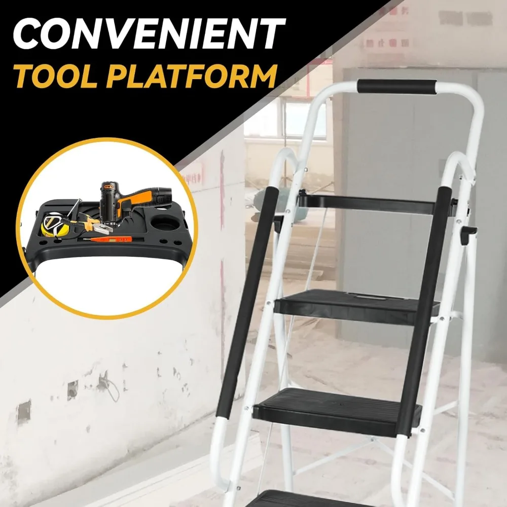 folding 5-step ladder with handrails and tray, 330 lbs capacity, portable steel stool