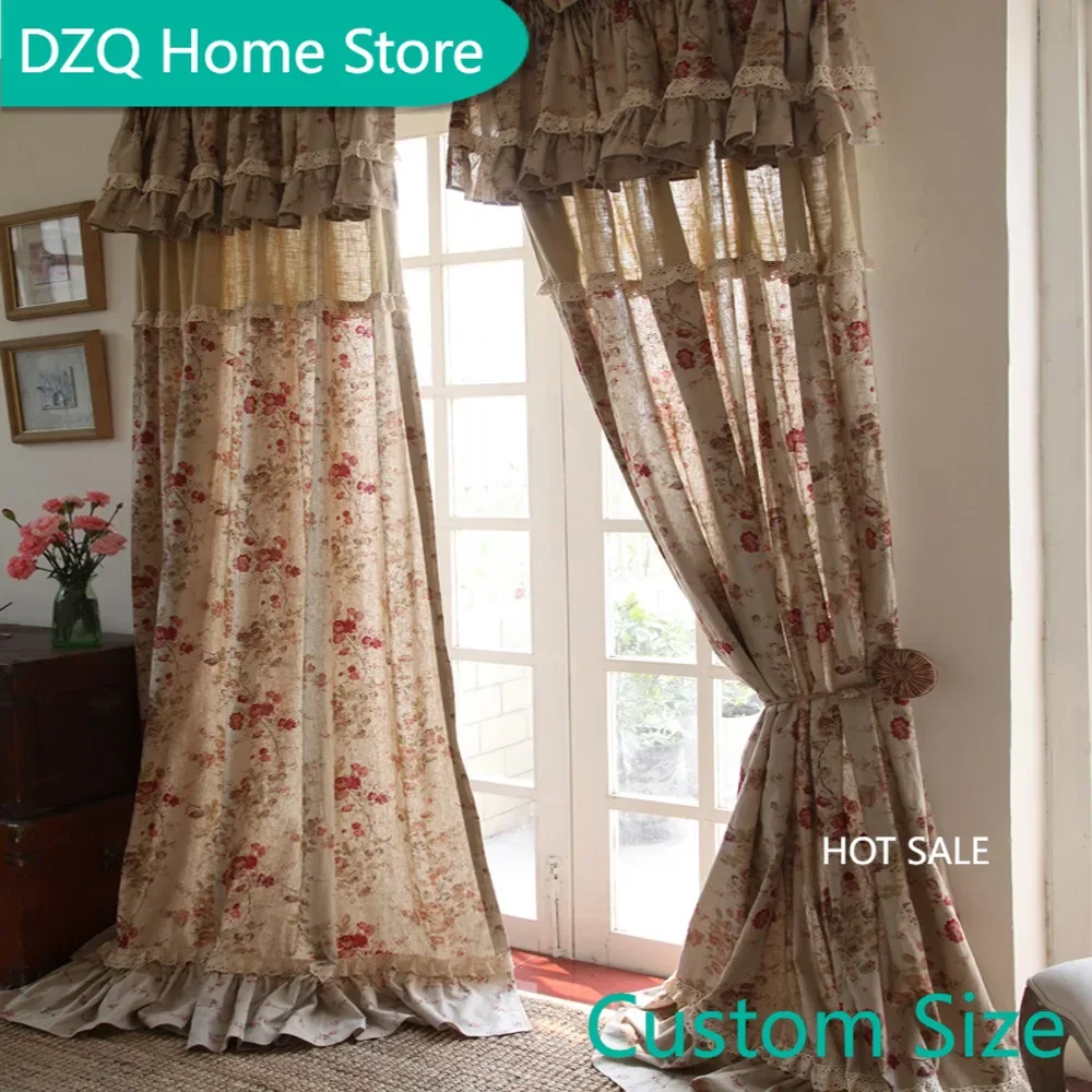 

French Rural Rose Blackout Curtains for Living Room, 100% Linen Cotton Pastoral Lace Window Drapes with Valance, Super Height