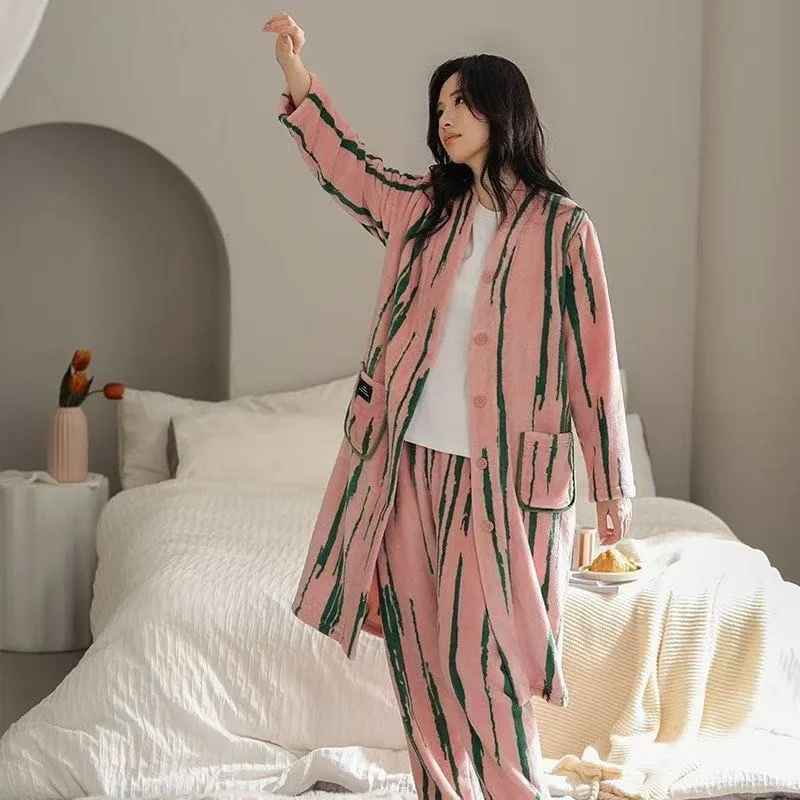 Women's Autumn and Winter Pajamas Set Can Be Worn Outside The Homewear Set New Warm with Fleece Thickened Flannel Coral Velvet