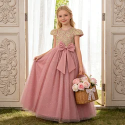 Girls Flower Embroidery Party Dress Kids Big Bow Long Wedding Bridesmaid Prom Gown Girl Fashion Lace Birthday Clothes Costumes