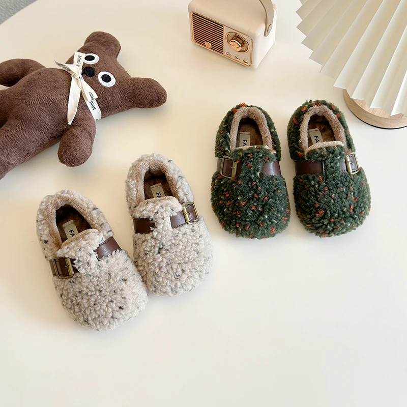 Vintage Forest Green Shearling Fleece Loafers Baby Kids Winter Warm Plush Moccasins Child Fluffy  Flat Shoes With Buckle Belt