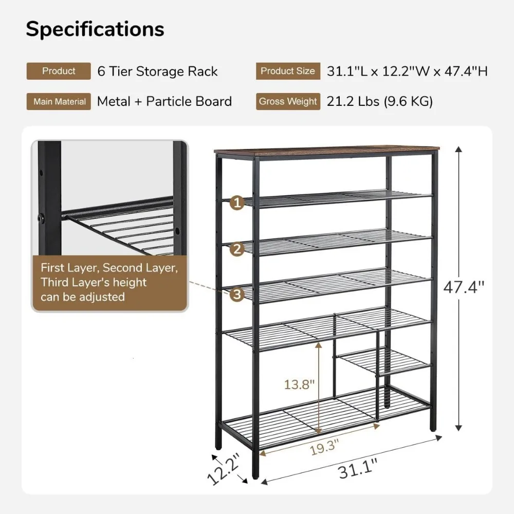 Schoenenrek Organizer, Metalen Mesh Schoenen Opbergplank, Opberglaarzen, 6 Tier Schoenenrek Organizer