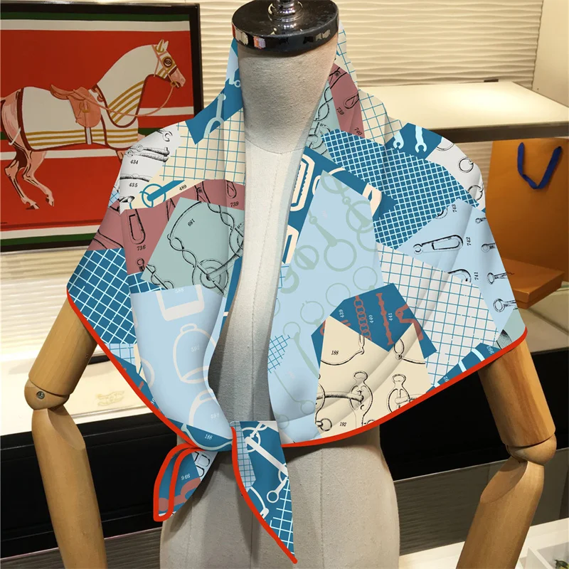 Silk Scarf Women Geometric Saddle Square Scarves Head Echarpes Silk Foulards Femme Wraps Beach Shawls Bandana Lady Hijabs 90CM