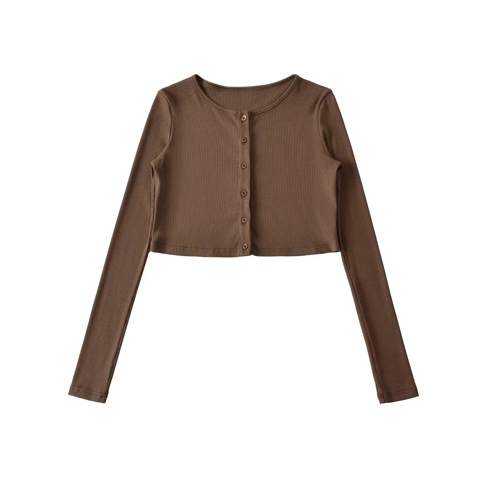 

American Style Round Neck High Waist Short Cardigan Top for Women Autumn Single-Breasted Cropped Slim Fit Buttoned Jacket QD7T