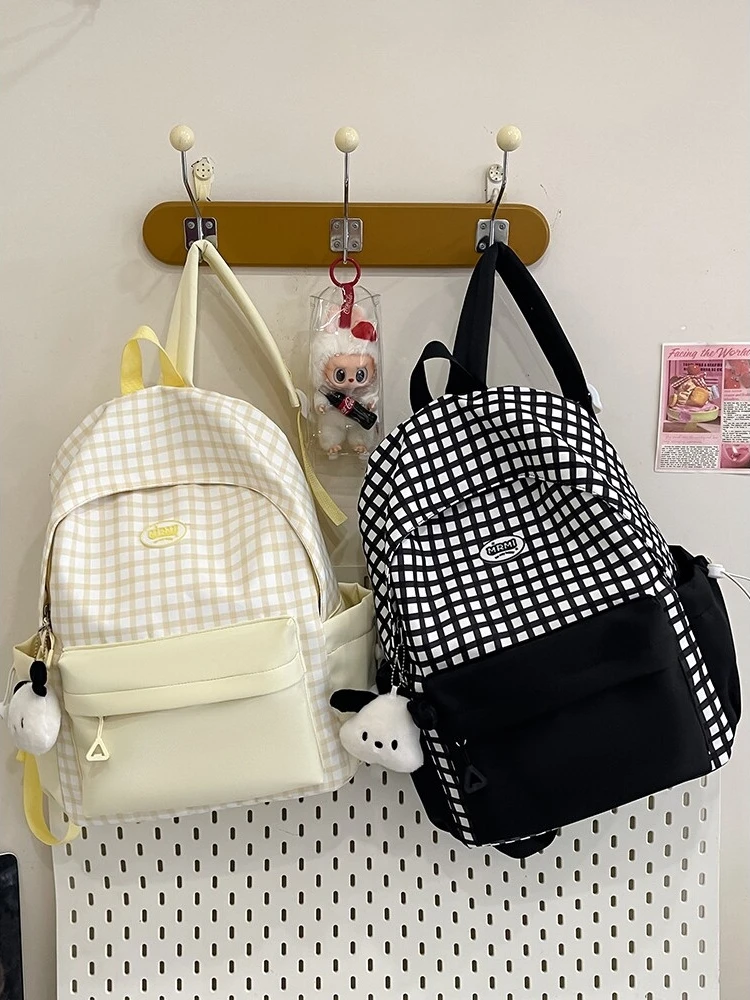 student-backpack-casual-lightweight-large-capacity-plaid-contrast-color-double-shoulder-bag-fashionable-sensation-versatile-bag