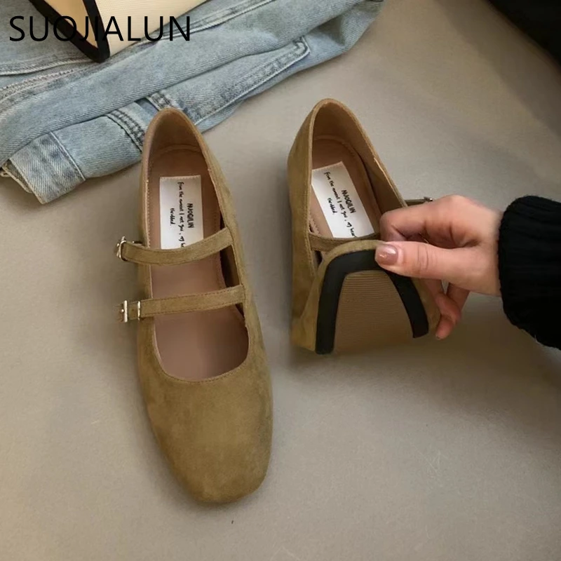SUOJIALUN 2024 Women Round Toe Flat Shoes Fashion Round Toe Shallow Elegant Mary Jane Shoes Soft Low Wedge Heel Ballerinas Shoes