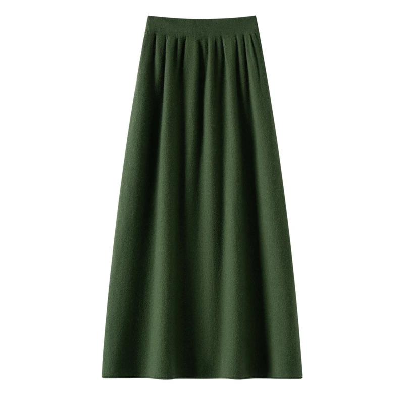 100% Pure Cashmere Knitted Midi Skirt with Cuffed Hem for Women Elastic Waist A-Line Skirt for Autumn Winter