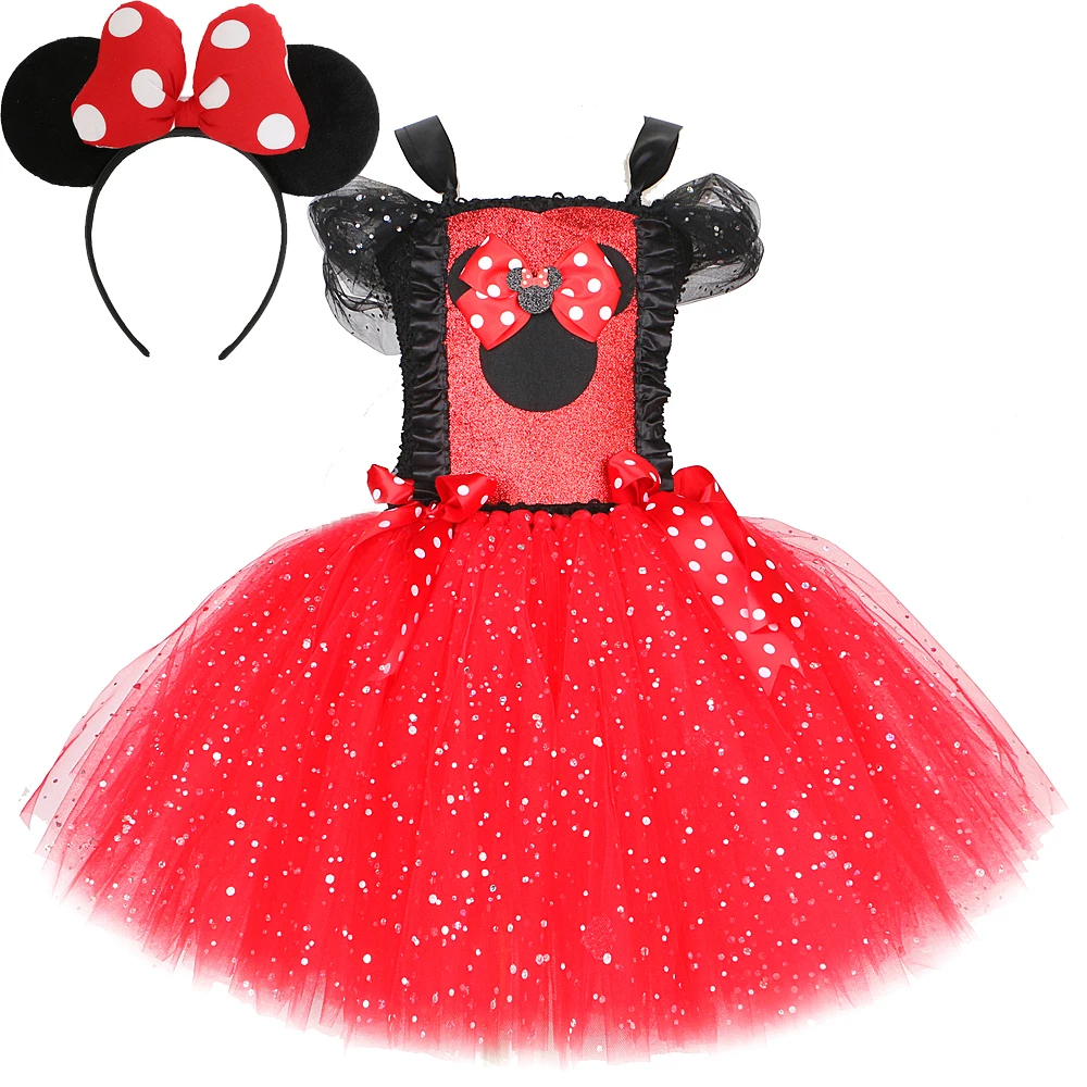 Sparkly Red Minnie Princess Dresses for Baby Girls Christmas Halloween Costumes Kids Cartoon Mouse Ballet Tutus Outfit with Ears