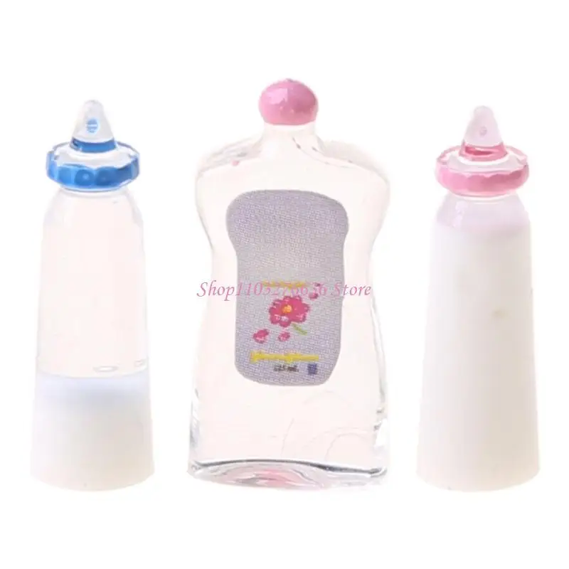 

R6FD 3Pcs for Doll House Miniature Toy Baby Shampoo Milk Bottle Bib Model Figure Girls Gift for Play House Accs Pretend for P