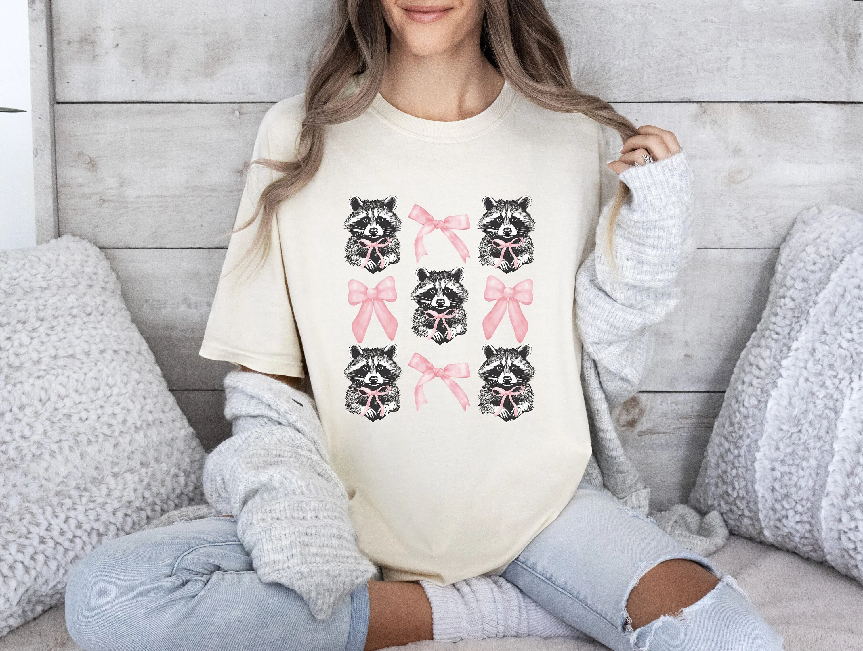 Coquette Raccoon T Shirt Comfort Colors Pink Bow Girly Trash Panda Aesthetic Soft Girl