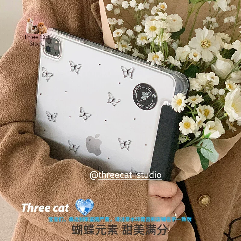 

Korean Ins Black Butterfly Design for Girls For iPad Case iPad 11 Air 7 6 5 4 10 Pro 2025 8 9 10 Y+3 Fold Cover with Pencil Slot