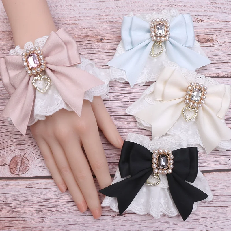หวานและน่ารักผ้าฝ้ายปักลูกไม้แขนโบว์ Rhinestone Lolita แขนมือสําหรับผู้หญิง