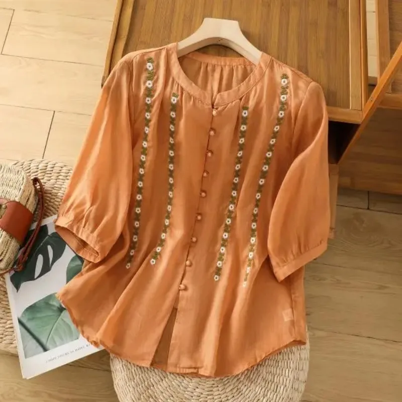 

Women's Embroidered Floral 5/4 Sleeve Blouse Casual Summer Button Down Loose Shirt