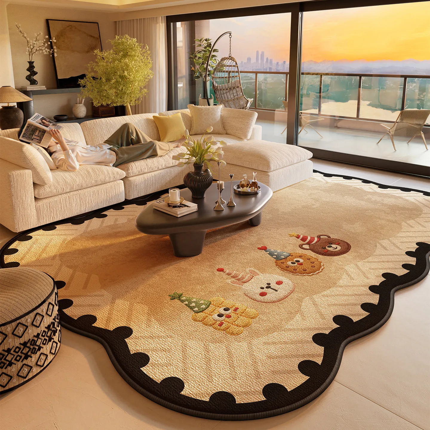 VIKAMA Beige Wavy Black Border Cat Branch Rug Soft Flannel Non Slip Washable Irregular Carpet for Living Room Bedroom Decor